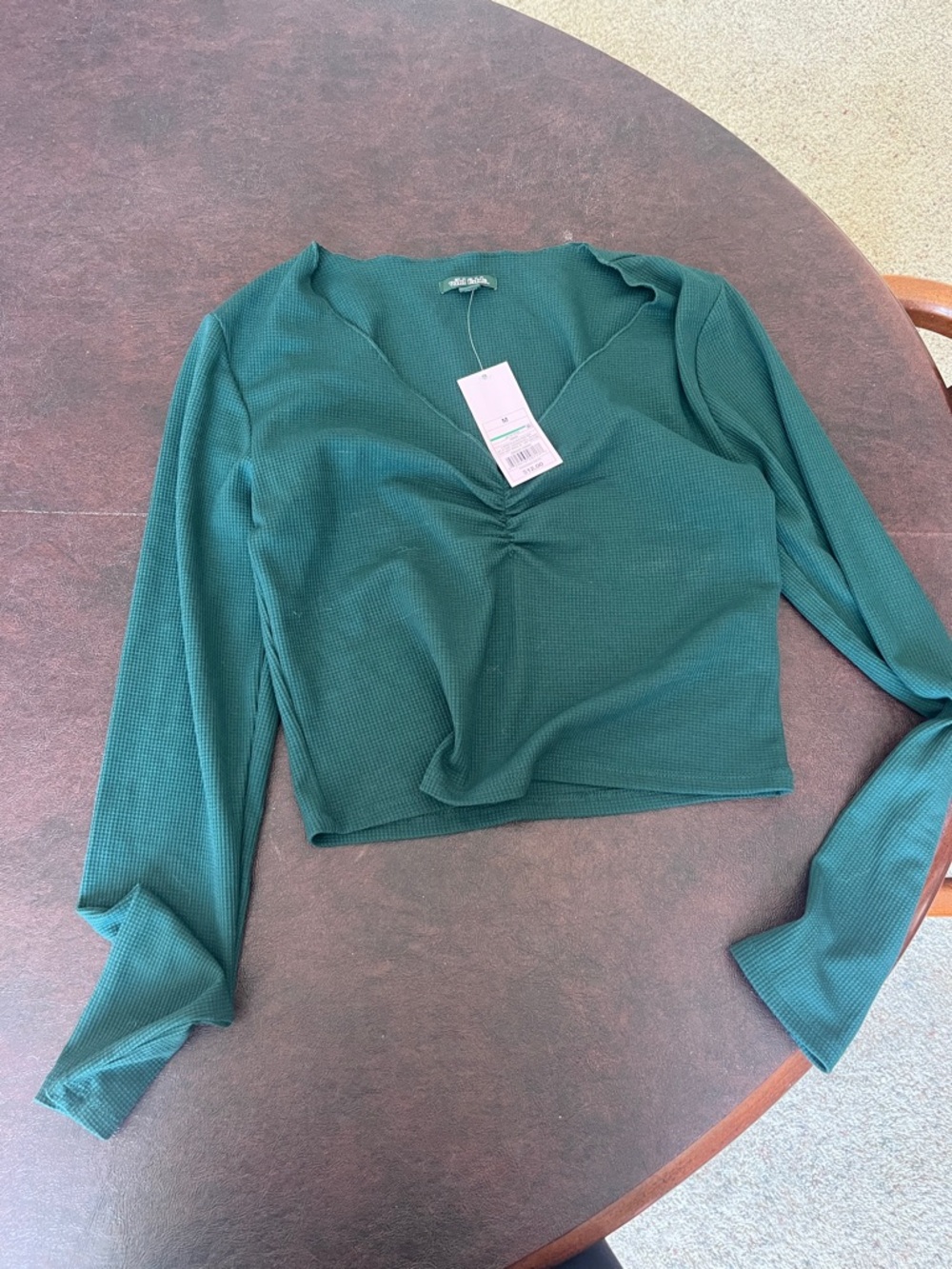 a new day Dark Green Ribbed V-Neck Long-Sleeve Crop Top